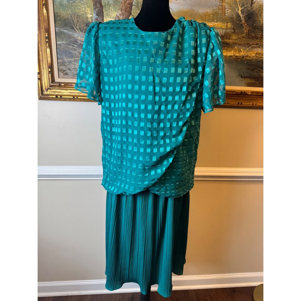 Vintage Risa Ann New York Teal Green 2 Piece Pleated Skirt Set Size 16WP USA